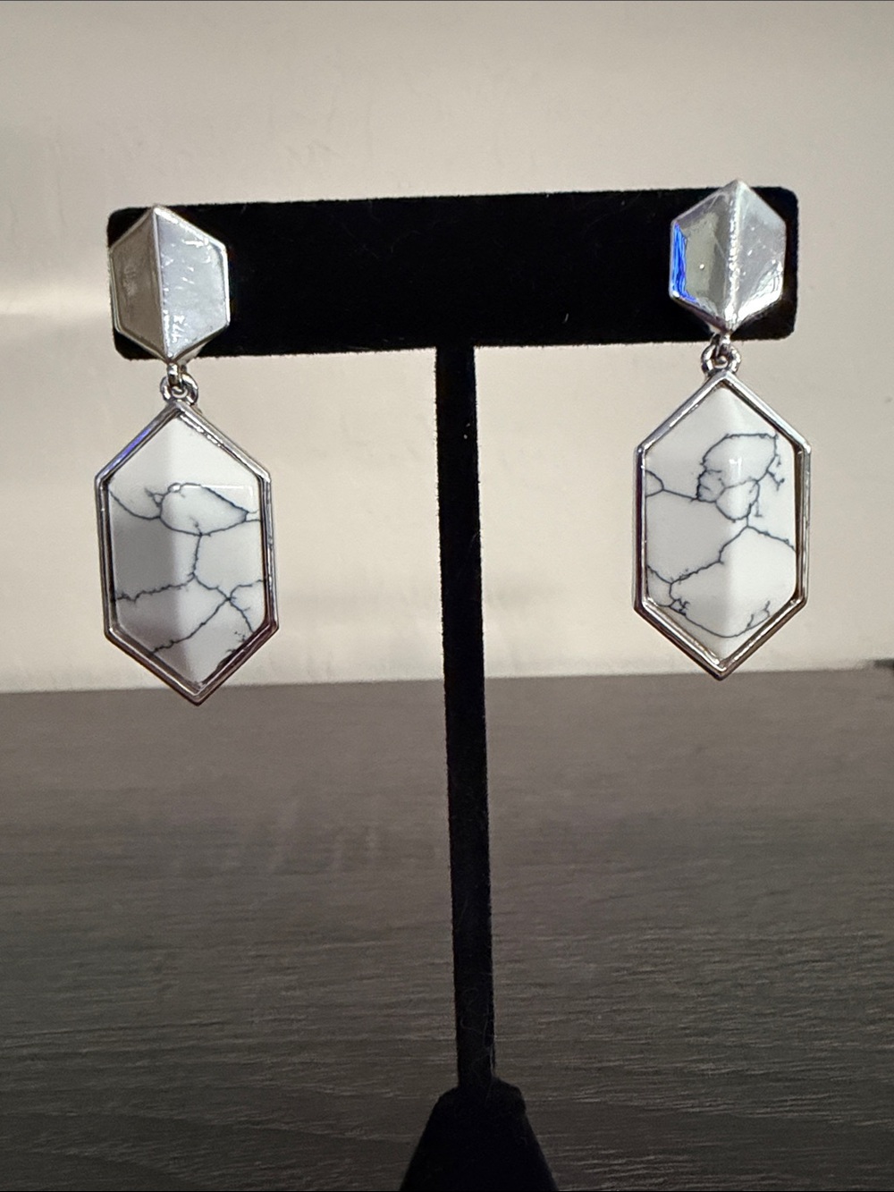 White Marble Hexagon Drop Earrings - Silver Frame